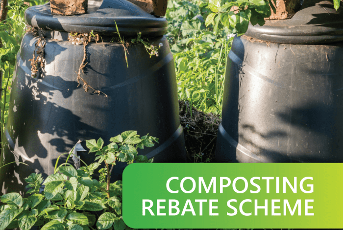 graphic with composting bins outside with 'composting rebate scheme' labelled 