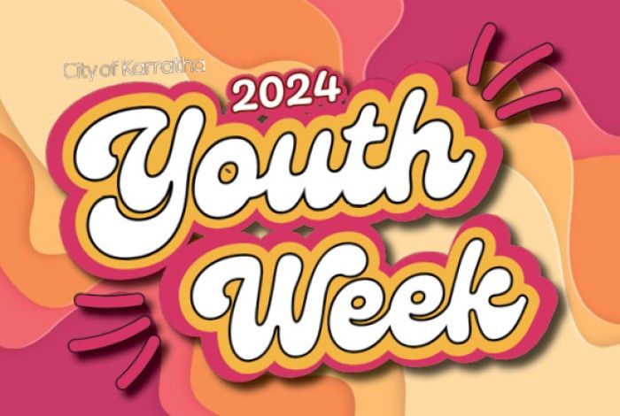 Youth Week in scroll font with swirls backfround in pinks and oranges 