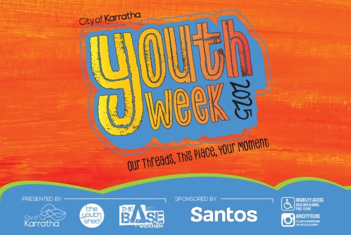 youth week text with a brigt orange paintbrush effect background with event sponsor logos at the bottom