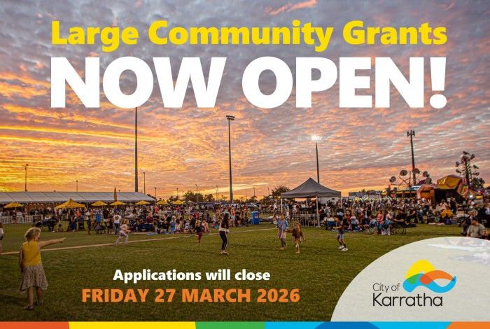 Graphic of community event on oval with grant information 'now open'