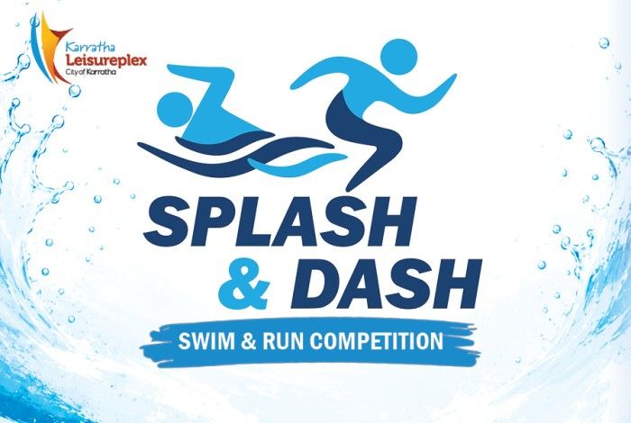 Splash & Dash Swim & Run Competition logo featuring stylised swimmer and runner icons above bold blue event text, framed by water splash graphics on both sides and Karratha Leisureplex branding in the top left corner.