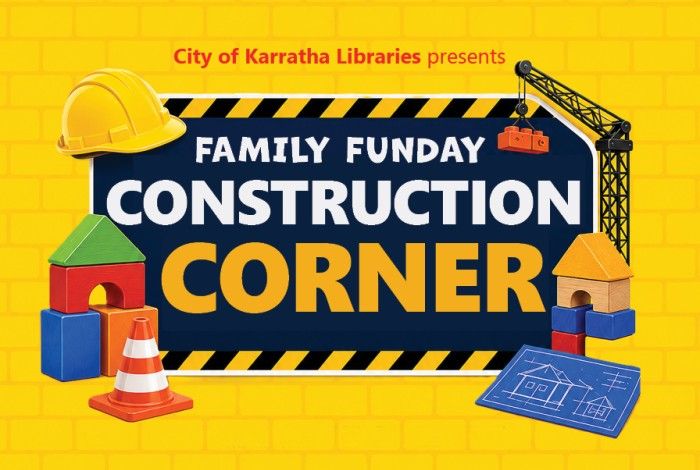 The design features a bright yellow brick-pattern background with a large construction-themed sign displaying the event title. Surrounding the sign are a yellow hard hat, toy building blocks, a traffic cone, a construction crane and a blueprint, creating a fun and playful construction theme for families and children.
