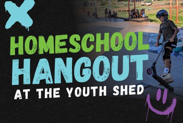 Promotional banner for a Homeschool Hangout at The Youth Shed. Large distressed text in bright green, blue and white reads “Homeschool Hangout at the Youth Shed” against a dark textured background. A photo of a young person riding a scooter at a skate park appears on the right, with other young people visible in the background. A blue painted “X” graphic is positioned in the top left corner and a purple smiley face graphic is in the bottom right.