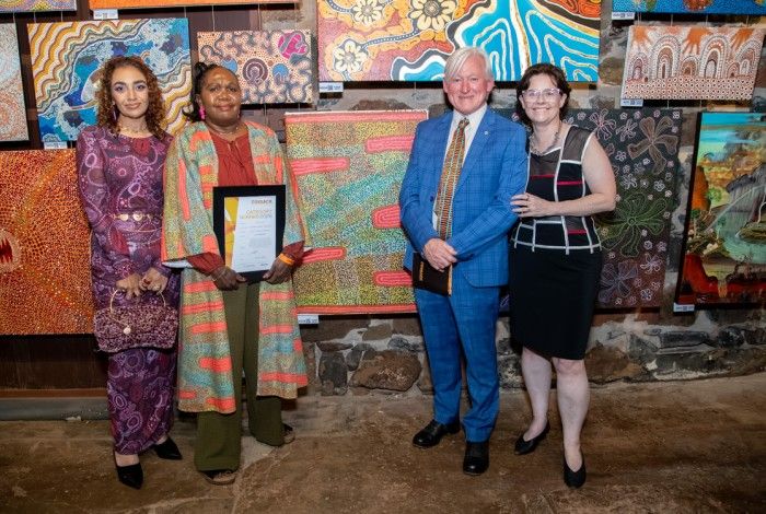 Cossack Art Awards judges Bobbi Lockyer and Gregory Pryor with overall winner Jenny Butt and City of Karratha Ceo Virginia Miltrup