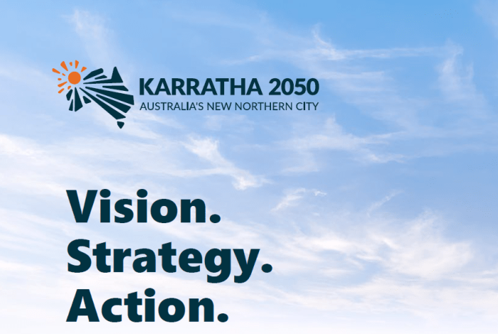 a graphic saying Karratha2050, Vision. Strategy. Action.